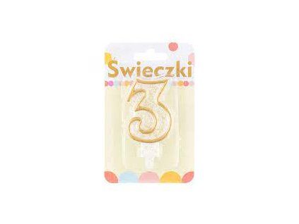 451091 Dortová svíčka č.3 zlacená s glitry 7,5 cm  x