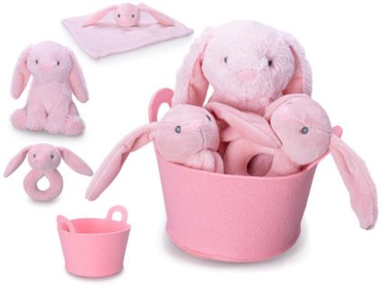 SADA RŮŽOVÁ - ZAJÍČEK 20CM+CHRASTÍTKO+USÍNÁČEK V KOŠÍKU   90125