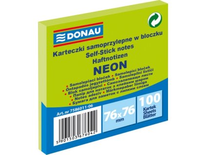 Samolepící bloček DONAU 76x76mm,100 l,neon.zelený U7586011-06