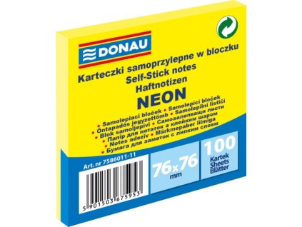 Samolepící bloček DONAU 76x76mm,100 l,neon.žlutý U7586011-11