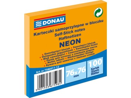 Samolepící bloček DONAU 76x76mm,100 l,neon.oranžový U7586011-12