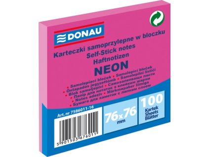 Samolepící bloček DONAU 76x76mm,100 l,neon.růžový U7586011-16